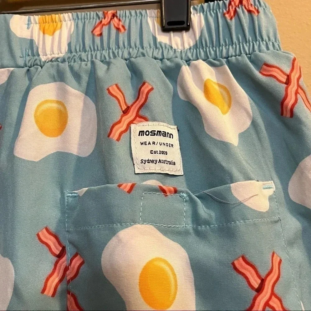 Mosmann Australia Blue Bacon Eggs Swim Trunks Men's Board Shorts Sz XL Lined
